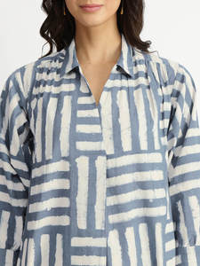 Geometric Print <b>Maxi</b> <b>Dress</b> Turn-down Collar Three Quarter Sleeve Loose Fit Woven <b>Linen</b> Cotton Casual Daily Wear Breathable - Product Image 5