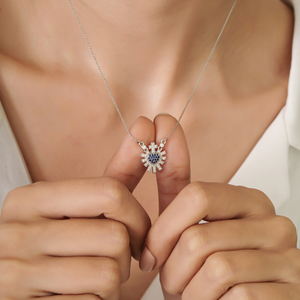 Latest New Design <b>Small</b> Blue Sapphire & Diamond Sacred Heart Sunburst Pendant <b>Necklace</b> 14K Pure White Gold Women Jewelry - Product Image 2