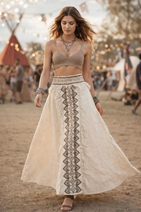 Falda Maxi Asimétrica Estilo Bohemio para Mujer, con Volantes, Bordado Geométrico, Cintura Elástica, Algodón y Fibra de Bambú, Estilo Veraniego - Product Image 2