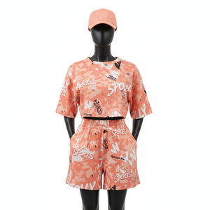 ชุดเซ็ตเสื้อครอปและกางเกงขาสั้นสำหรับผู้หญิง ผ้าโพลีเอสเตอร์ผสมสแปนเด็กซ์คุณภาพพรีเมียม 180 GSM เนื้อผ้านุ่ม ระบายอากาศได้ดี พิมพ์ลายทั่วตัว รับสกรีนโลโก้ ชุดเซ็ตสำหรับผู้หญิง - Product Image 6