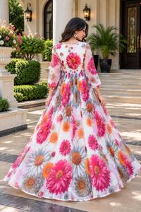 Women Floral Print Maxi <b>Dress</b> Loose Fit Floor Length Summer Casual Wear India Pakistan Style Polyester Stretchable - Product Image 4