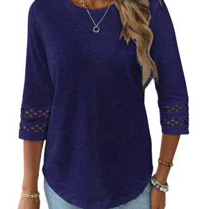 Chemise décontractée pour femmes à manches longues et col rond, coupe ajustée, avec bordure en dentelle, pour un usage quotidien, en polyester/coton - Product Image 3
