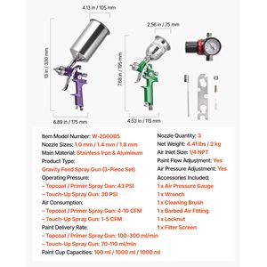 Kit de pistolet à peinture pneumatique professionnel pour automobile, 3 pièces, avec 3 buses (1/1,4/1,8 mm) et 3 gobelets, régulateur d'air par gravité - Product Image 4