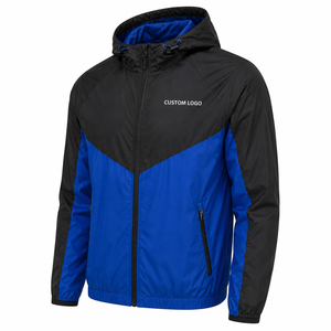 <b>Men's</b> <b>Black</b> Blue Color Blocking Hooded <b>Windbreaker</b> Jacket Waterproof Zipper Closure Sporty Style Front Logo Regular Fit Jacket - Product Image 2
