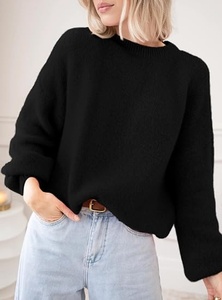 Pull en tricot à col rond pour femme, couleur unie, manches chauve-souris, décontracté, automne, 100% acrylique, manches longues - Product Image 2