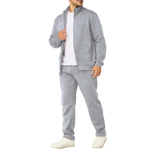 Ensemble de survêtement gris pour homme, fermeture éclair intégrale, col montant, sweat-shirt et pantalon décontractés avec poches latérales, coton respirant, vêtements d'automne - Product Image 2