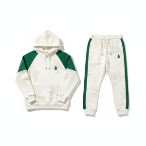 Ensemble de survêtement unisexe vert crème à capuche avec logo arbre, manches longues, pantalon de jogging à cordon, tenue décontractée d'automne 100% coton - Product Image 1