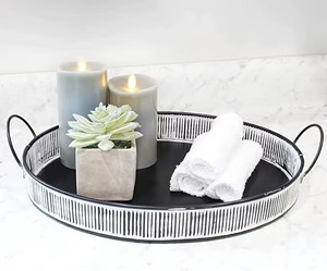 Nouvelle arrivée, plateau décoratif rond en métal avec poignées, style industriel, motif vertical, emballage en une seule pièce - Product Image 4