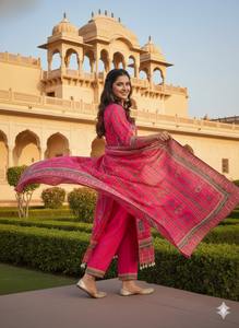 Maslin de estilo indio y paquistaní con diseño de impresión digital y trabajo de espejo real con borde de encaje pesado Listo Salwar Kameez - Product Image 4