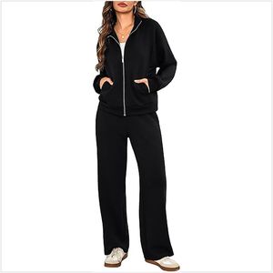 Ensemble de survêtement en molleton à fermeture éclair pour femme, 2 pièces, respirant, coupe-vent, grande taille, poches latérales avant, polyester/rayonne, hiver - Product Image 1