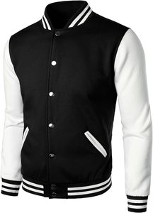 Men's Premium Varsity Wool <b>Jacket</b> with <b>Leather</b> Sleeves Stand Collar Front Logo College Bomber High Street Style Wool Coat - Product Image 1