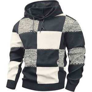 Checkerboard Hooded Sweater Color-<b>Block</b> Hoodie <b>Waffle</b>-Knit Textured Pullover Casual Streetwear - Product Image 1