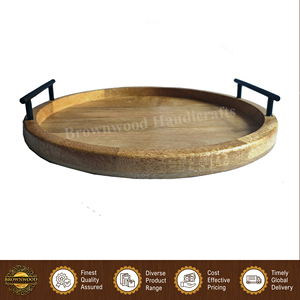 Superior Quality Handmade round Mango Wood Serving Tray with Elegant Home <b>Kitchen</b> Metal Handles Wholesale Serving Trays - Product Image 6