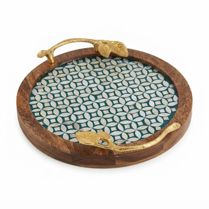 Plateau de service rectangulaire décoratif fait main en nacre incrustée, motif floral en mosaïque, avec poignée, pour table basse et hôtel - Product Image 4