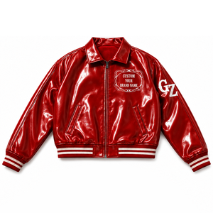 Chaqueta universitaria de cuero charolado rojo personalizada con parche de marca personalizado y puños con ribete de rayas acanaladas para uso unisex. - Product Image 2