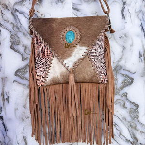 Sac à main bandoulière unique en cuir de vachette à poils, avec franges et motifs, élégant, idéal pour les cadeaux - Product Image 1