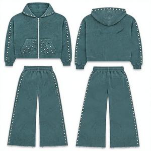 Brand Tracksuit Set Digital Printing Rhinestone Acid Wash Streetwear Regular Solid Hooded Full Length Cotton Fleece Fabric - Product Image 1