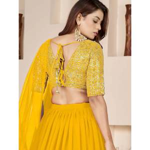 Yellow <b>Sequins</b> Georgette Haldi Wear Lehenga Choli for Women - Product Image 2