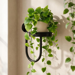 Support mural moderne en métal noir pour plantes avec porte-pot rond et cadre en U incurvé, décoration murale minimaliste - Product Image 1