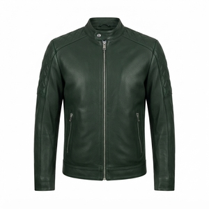 <b>Men's</b> Green <b>Suede</b> Moto <b>Jacket</b> Stand Collar Zipper Closure Slim Fit Regular Length Autumn Wear - Product Image 2
