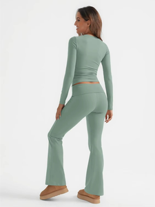 Women's Eco-Friendly Breathable 2-Piece Workout <b>Set</b> Half Sleeve Shirts Fold Over Yoga Pants with Solid Pattern <b>Lounging</b> Outfits - Product Image 2