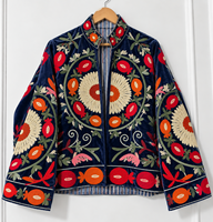 Veste bomber en velours de coton légère pour femmes, matelassée, avec logo floral brodé Suzani, style ethnique bohème, ouverte sur le devant, artisanale, pour l'automne