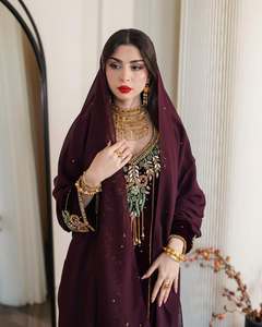 Elegant Women's Floor Length Abaya With Floral Embroidery V Neck Long Sleeve Silk Middle East Wedding Dress - Product Image 3