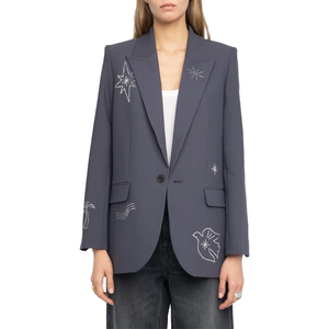 Custom Made OEM Wholesale Women SuitSet Charcoal Grey <b>Silver</b> Rose Embroidery Double Breasted Blazer Trouser Office Business Wear - Product Image 1