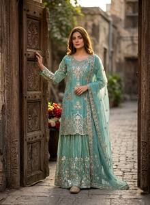 Organza Twill Net <b>Sequin</b> Kurta <b>Flared</b> Sharara Pants Embroidered Dupatta Stitched Women Three Piece Festive Salwar Suit Set - Product Image 6