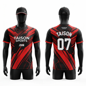 เสื้อแบดมินตันโพลีเอสเตอร์พรีเมียม 240 กรัม สีแดงดำ พิมพ์ลายแบบรีดร้อน โลโก้สั่งทำได้ แห้งเร็ว ใส่ได้ทุกเพศทุกวัย ทุกฤดูกาล - Product Image 1