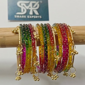 Luxury Multicolor Glass <b>Bangles</b> Set with Crystal Stone Work and Gold Ghungroo Handmade Bridal Jewelry for Womenc - Product Image 1
