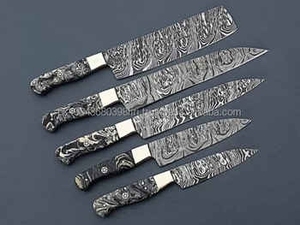 Ensemble de couteaux de cuisine professionnels très demandés, 5 pièces, en acier Damas, avec manche en bois, accessoires inclus, OEM et logo personnalisé - Product Image 2