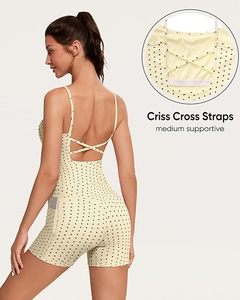 Mono de yoga con estampado de puntos crema, espalda cruzada, cintura alta, sin mangas, transpirable, de una pieza, corto - Product Image 5