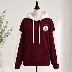 <b>Women's</b> Maroon Hooded <b>Sweatshirt</b> With <b>White</b> Sleeve Color Blocking Front Pocket Print Regular Fit Knitted Cotton Autumn Wear - Product Image 4