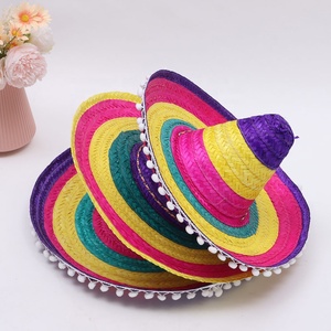 Multicolor Striped Mexican Sombrero <b>Hat</b> Bamboo Straw Fiesta <b>Hat</b> with <b>Pom</b> Poms <b>for</b> Party - Product Image 2
