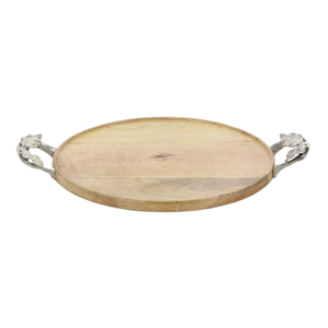 Plateau de service artisanal en bois de manguier de qualité supérieure avec poignées décoratives en métal feuille d'argent, plat décoratif ovale durable - Product Image 6