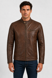 Chaqueta de cuero genuino de vaca marrón vintage para hombre, estilo Cafe Racer, con cuello de banda, cremallera completa y bolsillos con cremallera. - Product Image 6