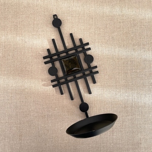 Industrial <b>Black</b> Metal Wall Sconce Candle Holder Featuring A Geometric Grid Backplate & Round Pillar <b>Tray</b> For Modern <b>Decoration</b> - Product Image 3