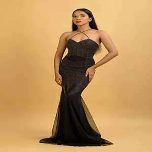 Vestido de noche negro estilo sirena para mujer |   Vestido de fiesta ajustado sin mangas con tirantes cruzados |   Ropa de Lujo para Bodas y Graduaciones al por Mayor en India 2026 - Product Image 1