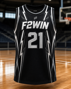 Maillot de basket-ball personnalisé unisexe F2WIN, débardeur en mesh sans manches, col rond, respirant, impression sublimée, numéros d'équipe 21, noir et blanc - Product Image 1