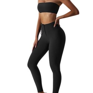OEM ODM Women High Waist Drawstring Yoga <b>Leggings</b> Ultra Soft Stretch Fitness Gym Pants Wholesale Style - Product Image 3