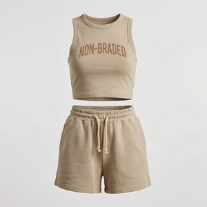 Conjunto Casual de 2 Piezas Tejido para Mujer, Top Corto sin Mangas con Estampado de Letras y Pantalones Cortos por Encima de la Rodilla, Beige, Algodón, Ropa de Primavera/Verano - Product Image 1