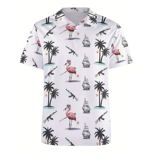 เสื้อโปโลแขนสั้นพิมพ์ลายฟลามิงโกและต้นไม้สำหรับผู้ชาย สำหรับฤดูร้อน กีฬากลางแจ้ง เสื้อโปโลพิมพ์ลายสำหรับผู้ชาย - Product Image 1