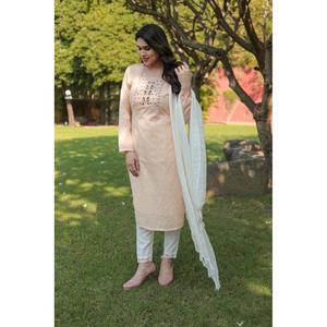 PANTALON EN COTON DE LIN AVEC DUPATTA CRÈME - Product Image 1