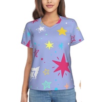 Kaos Batik Wanita Model Longgar 2023 Fashion V-Neck 3D Motif Kotak-Kotak Lengan Pendek Cetak Bunga Bertekstur Huruf Pelangi Patchwork