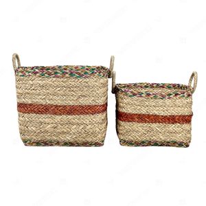 BANDED STRIPE <b>Large</b> Wicker Laundry <b>Basket</b> Seagrass Herringbone <b>Basket</b> Laundry Bin With Seagrass/PU Handles Clothes Organizer - Product Image 3