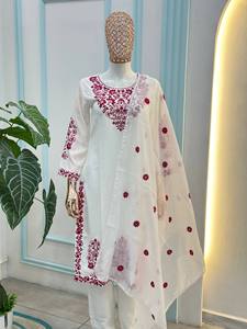 White Floral Embroidered Rayon Viscose <b>Kurta</b>/Kurti Lace Dupatta Floor-Length Quick Dry <b>Women's</b> Ethnic Outfit India Pakistan All - Product Image 4