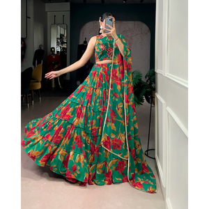 ชุดเลเฮนกาโชลีผ้าฝ้ายลายดอกไม้หลากสีเขียวพรีเมียม พร้อมผ้าคลุมไหล่ สำหรับงานหมั้น งานแต่งงาน และงานปาร์ตี้สำหรับเด็กผู้หญิง - Product Image 2