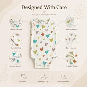 Breathable Soft Cotton Baby Tank | Multicolor Heart Print Sleeveless Snap Closure Comfortable Everyday Unisex Summer Interlock - Product Image 3
