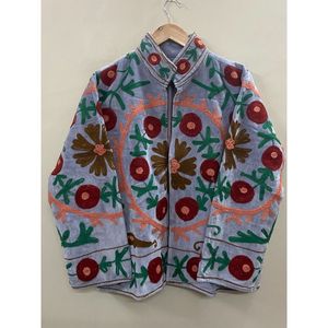 Hand Embroidered Velvet Cotton <b>Jacket</b> Women Mandarin Collar Full Sleeve Autumn Winter Bohemian Eye Pattern Open Front Coat - Product Image 6
